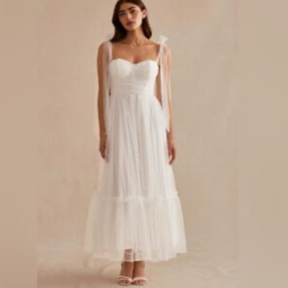 🌸 Petal & Pup White Tulle Midi Dress XS Swiss Dot Tie Straps 🌸